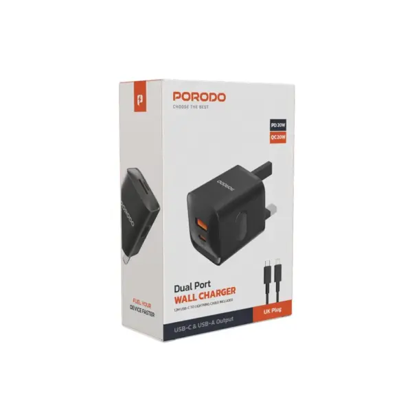 PORODO DUAL PORT WALL CHARGER | 1.2M USB-C TO LIGHTNING CABLE INCLUDED